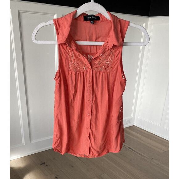 New Look Womens Coral Sleeveless Lace Back Button Up Collared Tank Top Sz Medium - Picture 1 of 10
